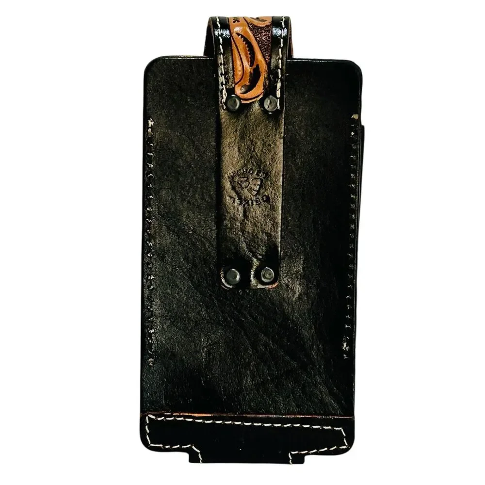 Western Leather Cell Phone holster black - hand tooled,Funda de piel vaquera